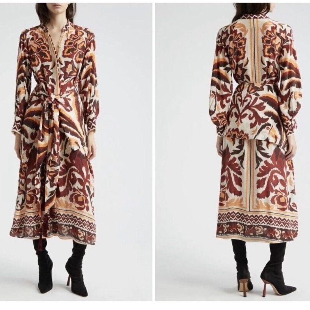 Farm Rio Tie Front Long Sleeve Toucans Scarf Cream Maxi
Shirtdress